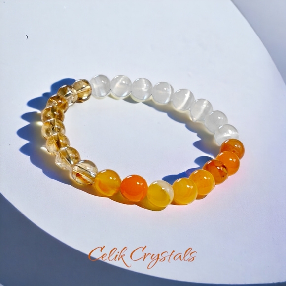 Citrine, Selenite and Orange Agate Bracelet Natural Stones 8mm Stretches Unisex - Picture 4 of 6